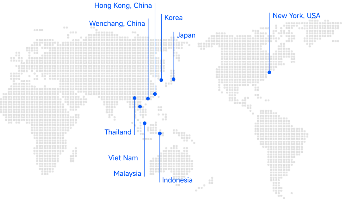 Global footprint map: Hong Kong, Wenchang, South Korea, Japan, Thailand, Vietnam, Malaysia, Indonesia, New York